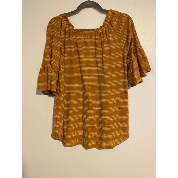 Sol + Luna Womens 1X Top Mustard Yellow Striped Peasant Blouse Bell Sleeves - Picture 2 of 9